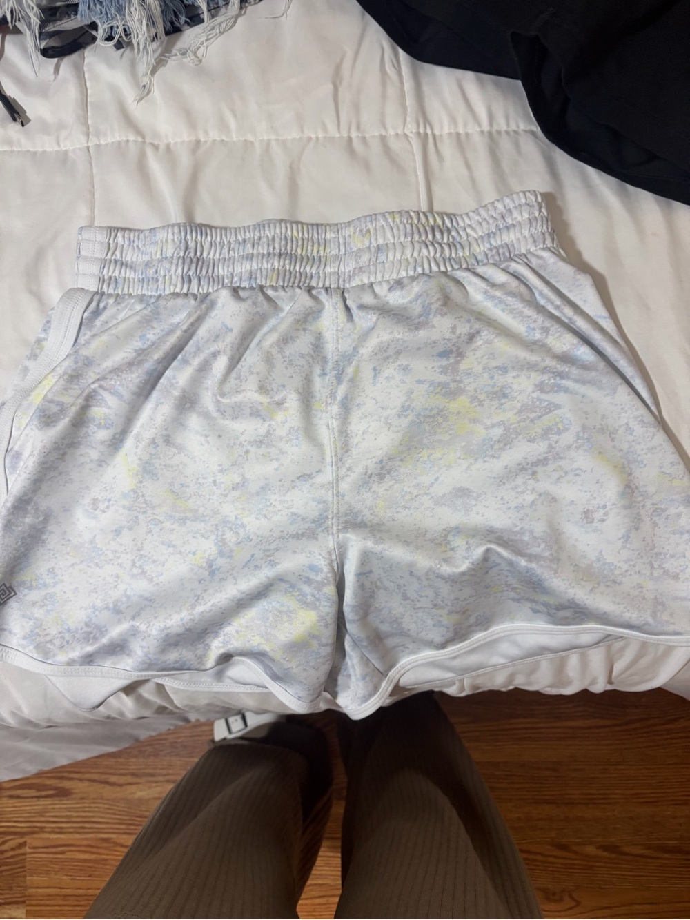 ZELOS White Heather Athletic Shorts with Subtle Yellow Accents